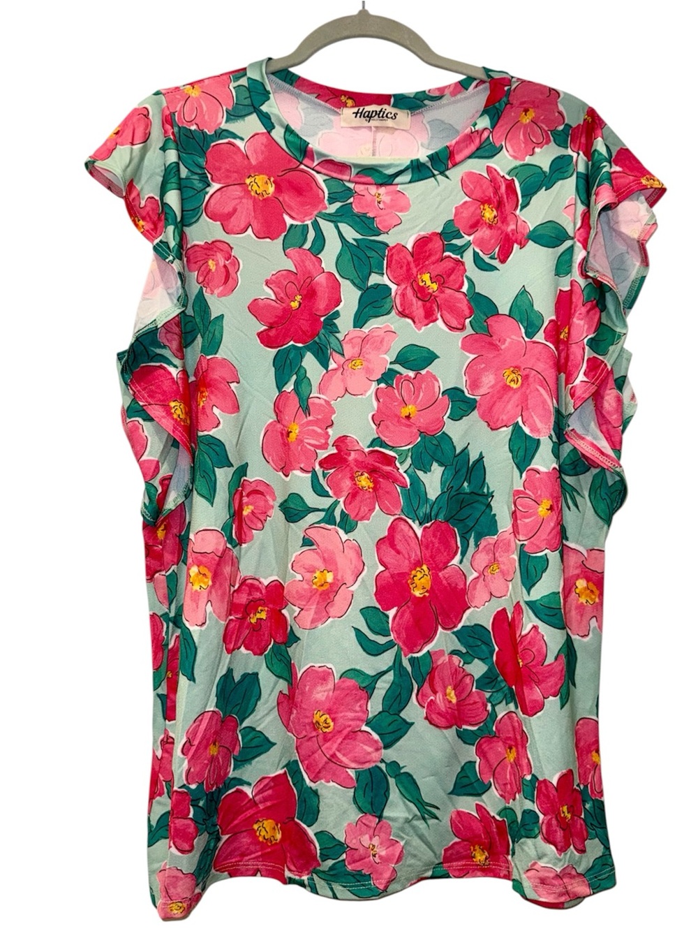 pink & green hibiscus floral print, ruffle sleeve, crew neck blouse! EUC, SMALL!